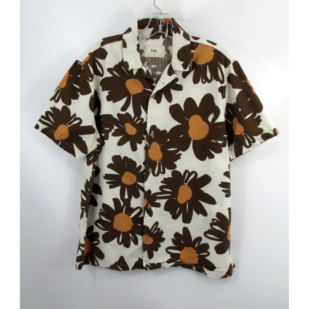 Folk Button Up Camp Shirt Mens Medium White Brown Floral Ribbed Short Sleeve